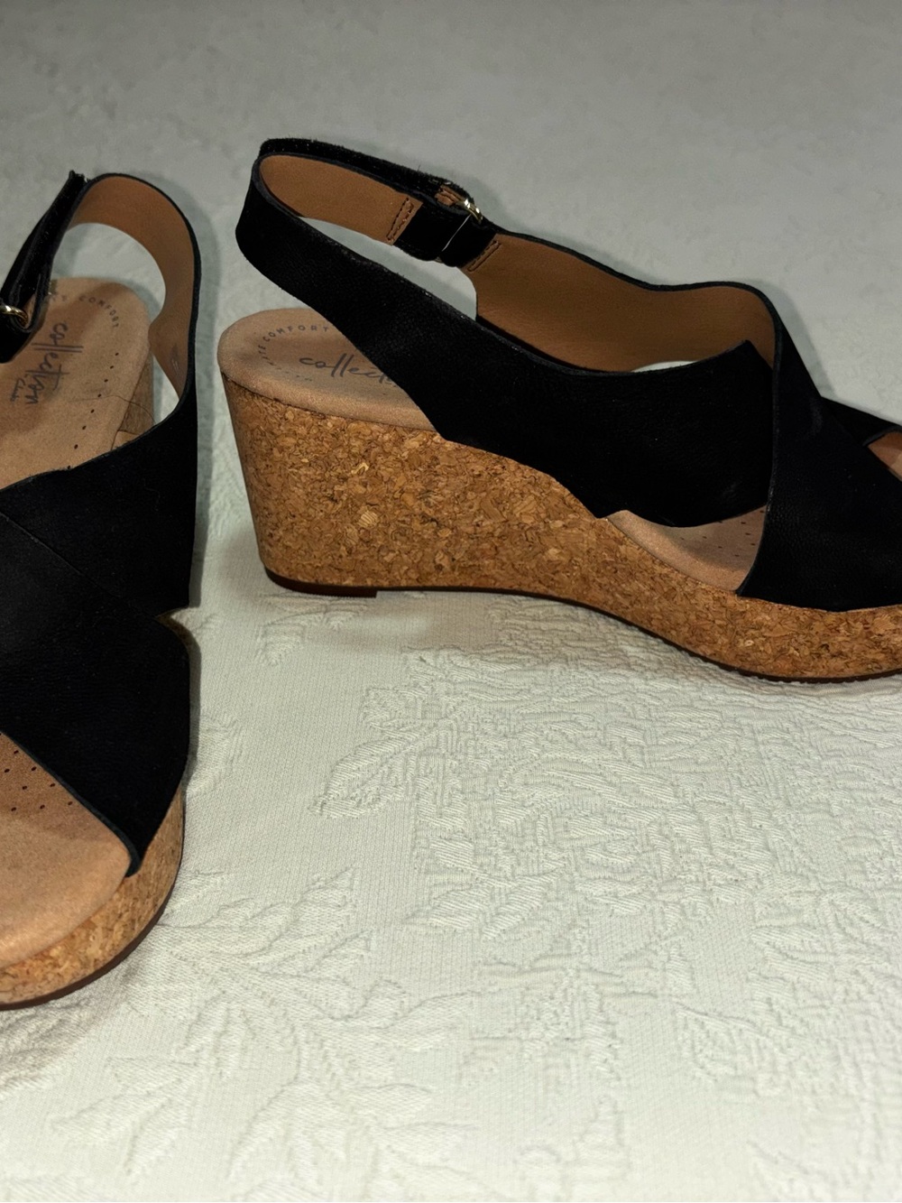 Clark’s Black Cork Wedge Slingback Sandals Annadel Eirwyn NWB 9M Nubuck 3” - Picture 3 of 8